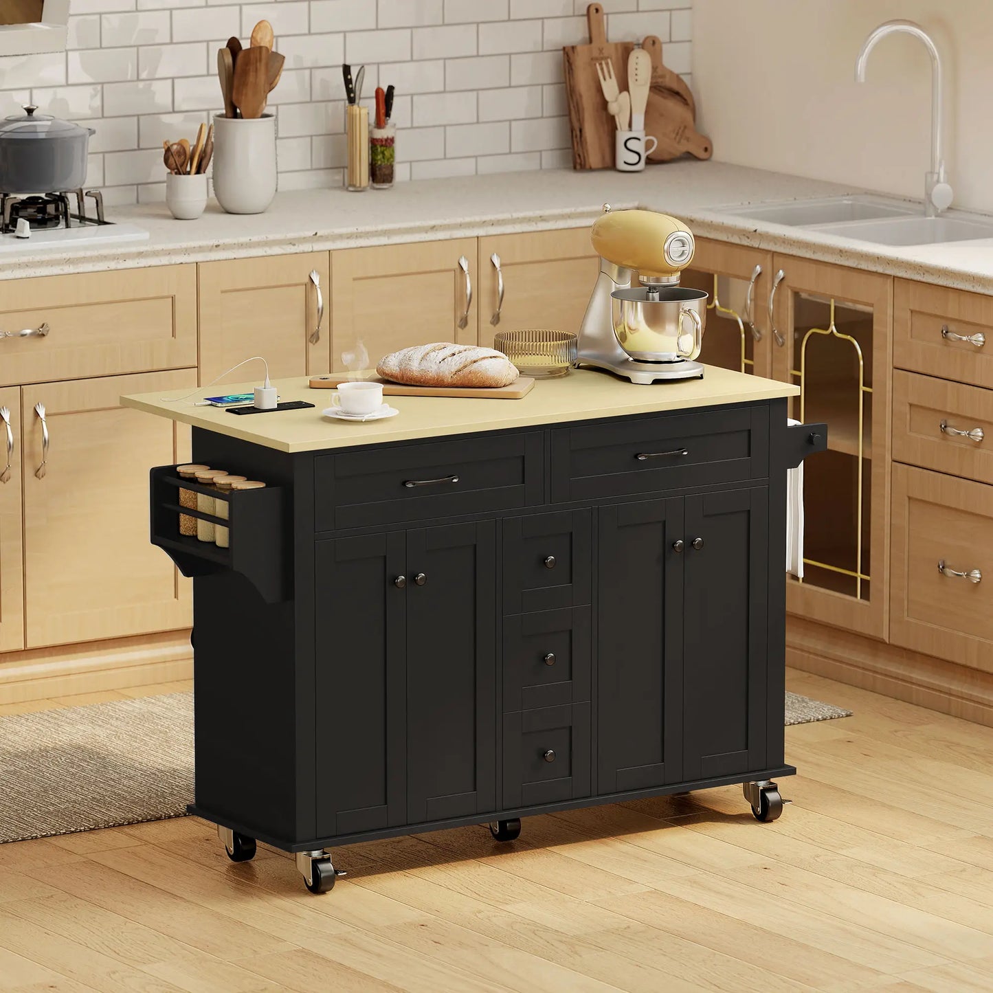 55" Kitchen Island Cart With Power Outlet, Drop Leaf, Storage, Black Kitchen Islands & Kitchen Carts at Gallery Canada