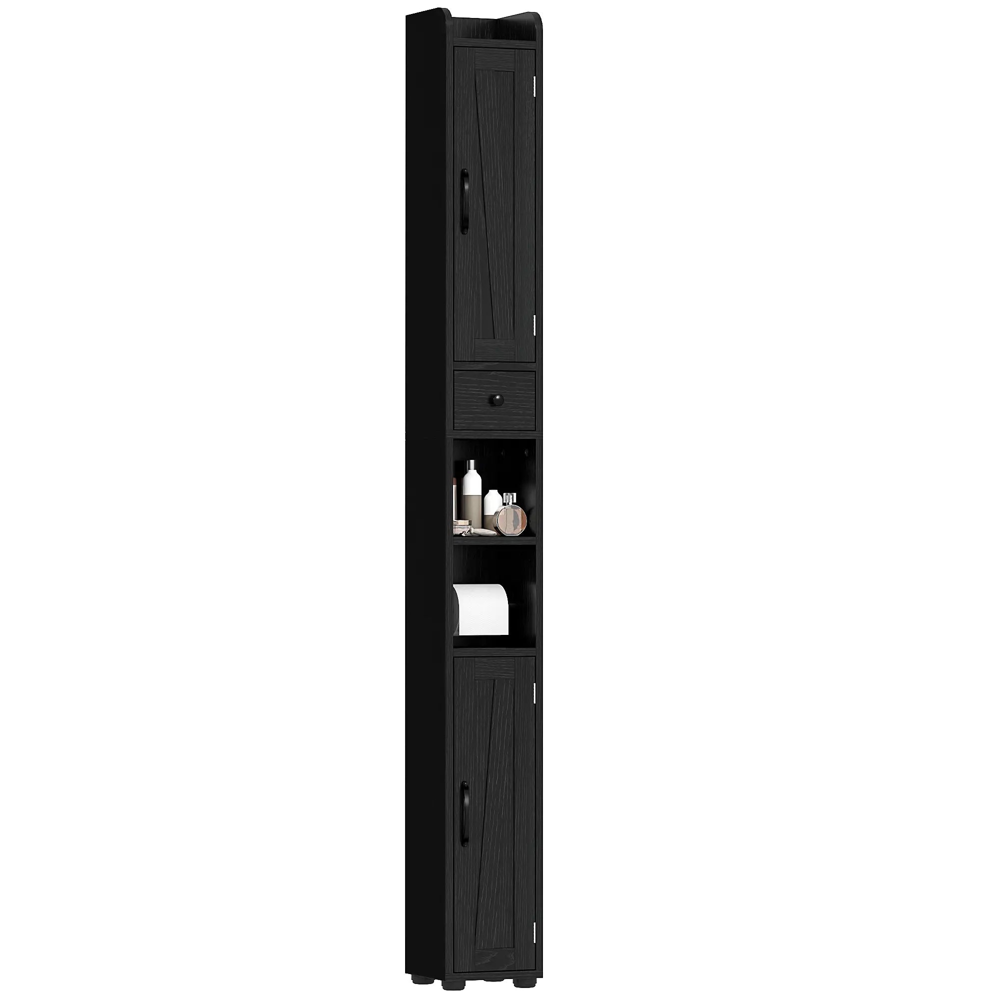 Narrow Bathroom Cabinet, Tall Storage with Barn Doors, Wood Grain, Black Bathroom Cabinets at Gallery Canada