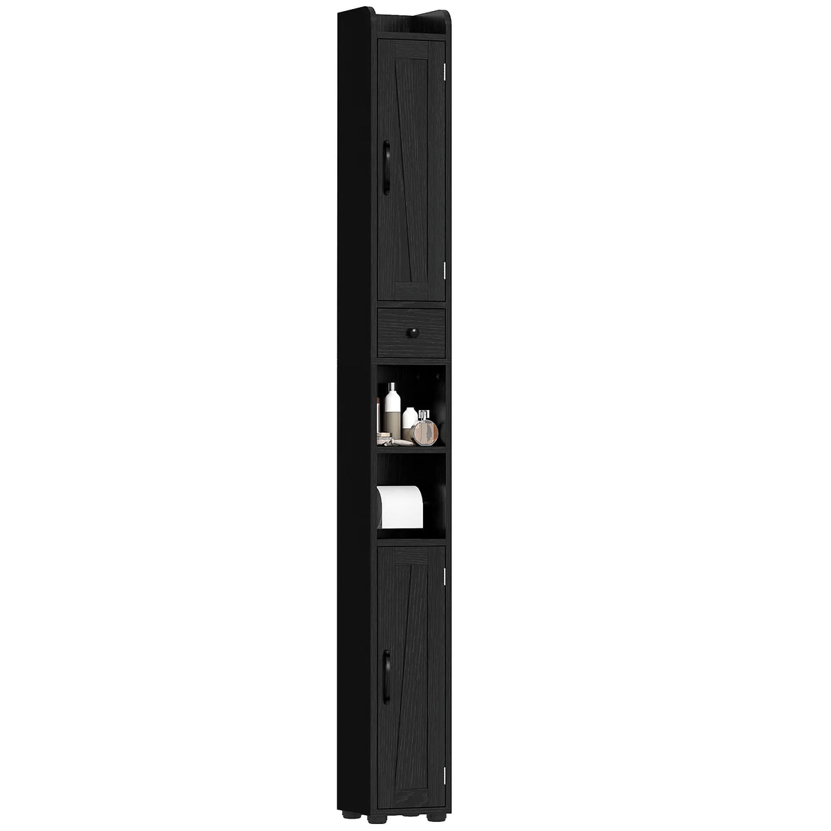 Narrow Bathroom Cabinet, Tall Storage with Barn Doors, Wood Grain, Black Bathroom Cabinets at Gallery Canada