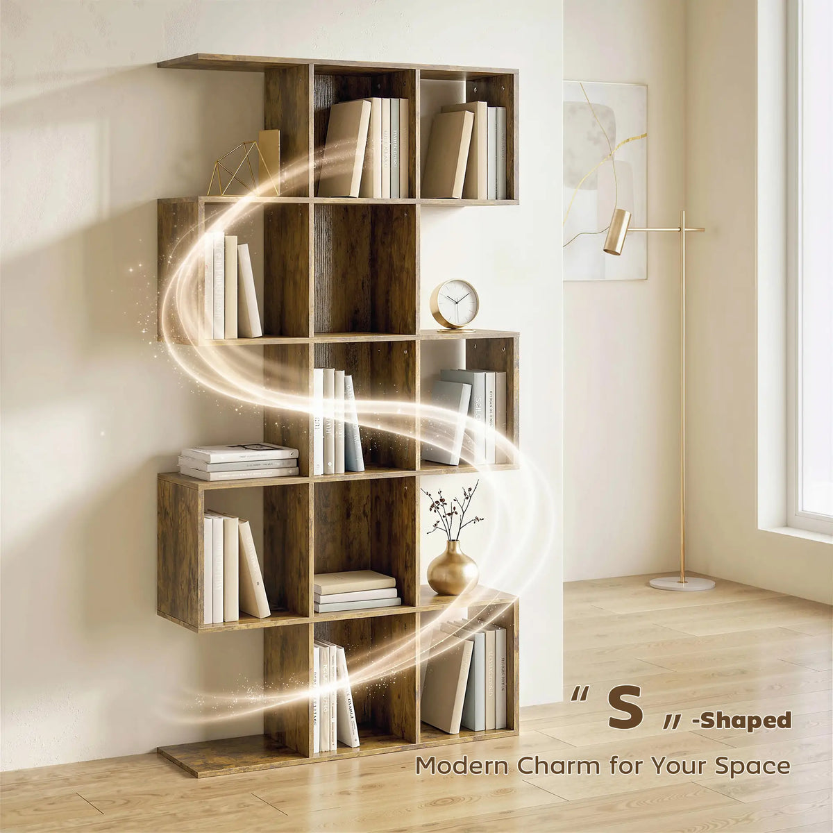 5-Tier S-Shaped Bookshelf, 15 Compartments, Rustic Brown, Rustic Brown Display Bookshelves at Gallery Canada