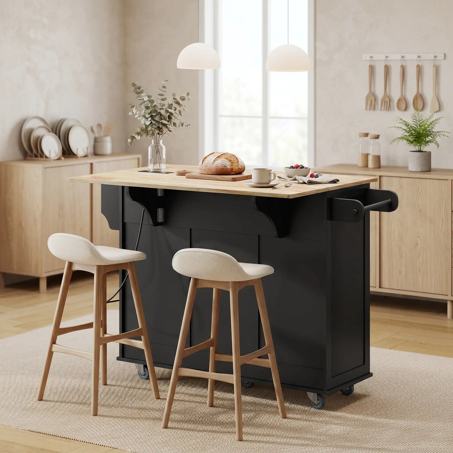 Kitchen Island On Wheels With Drop Leaf, Charging Station, Black Kitchen Islands & Kitchen Carts at Gallery Canada