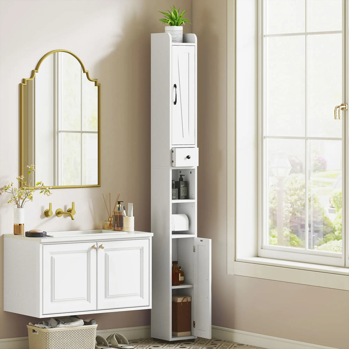 Narrow Bathroom Cabinet, Tall Storage with Barn Doors, Drawer, Adjustable Shelves, Wood Grain, White Bathroom Cabinets at Gallery Canada