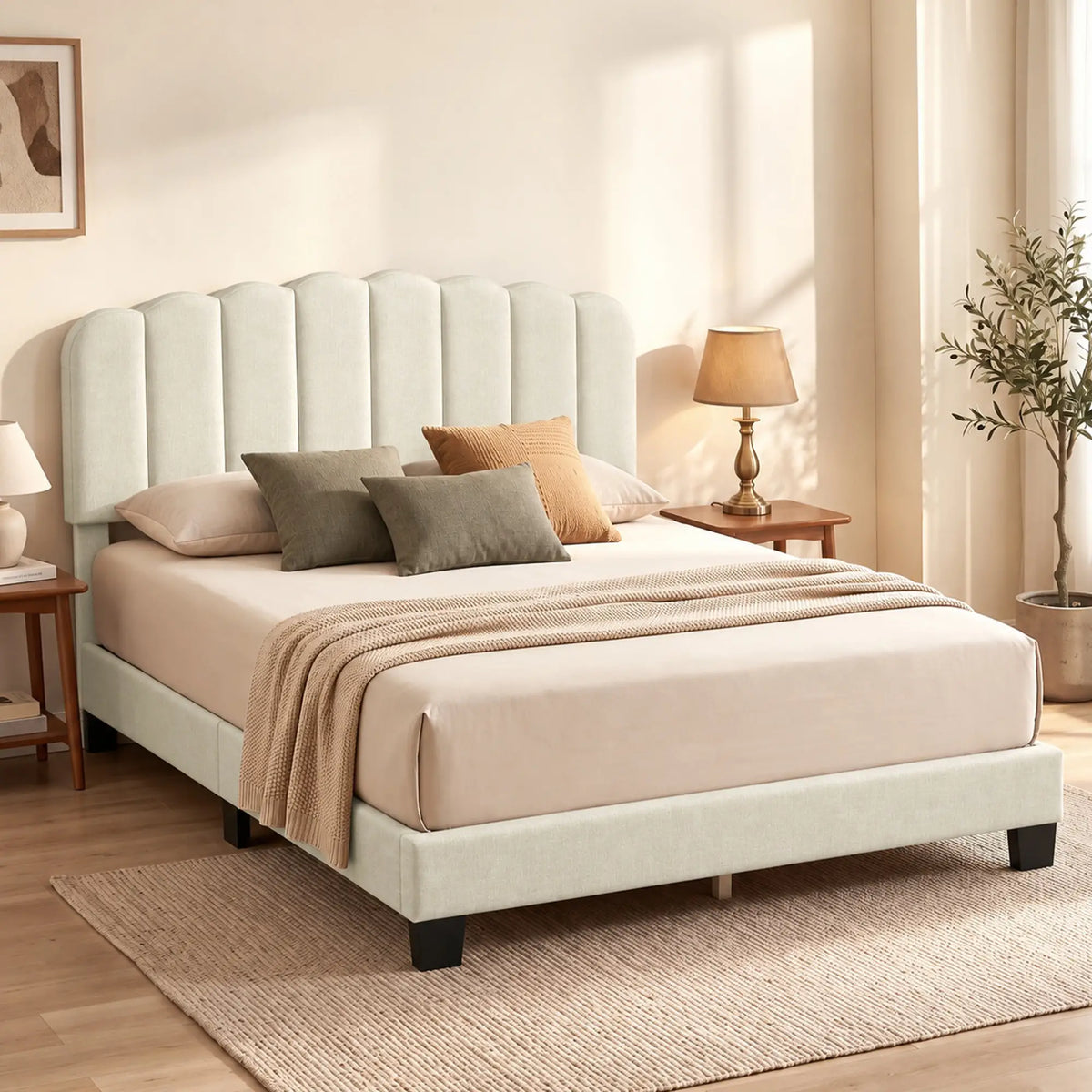 Queen Size Bed Frame, Adjustable Headboard, Linen-Feel Upholstered, Beige Bed Frames at Gallery Canada