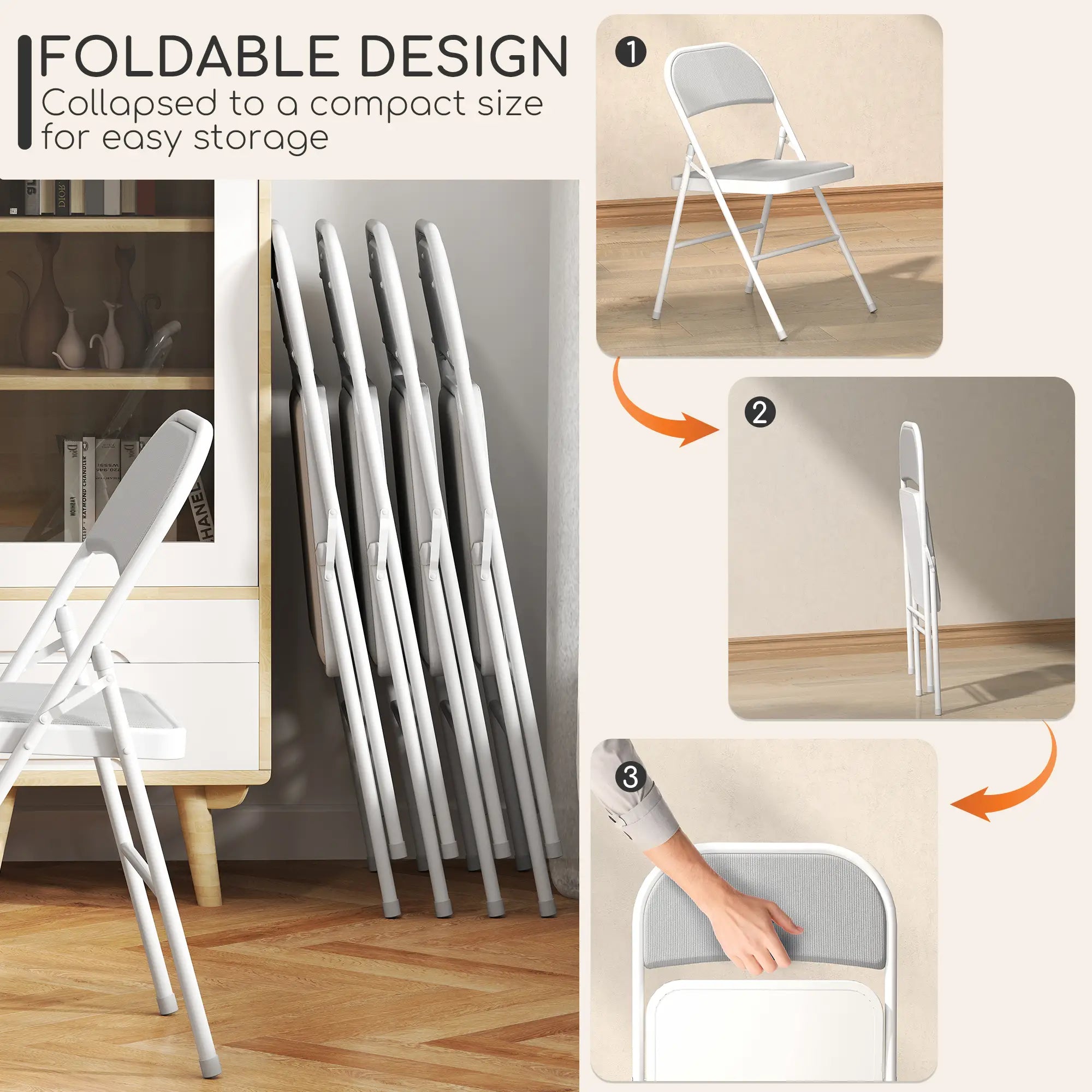 Set of 4 Metal Foldable Chairs, Corduroy Padded, White Dining Chairs at Gallery Canada