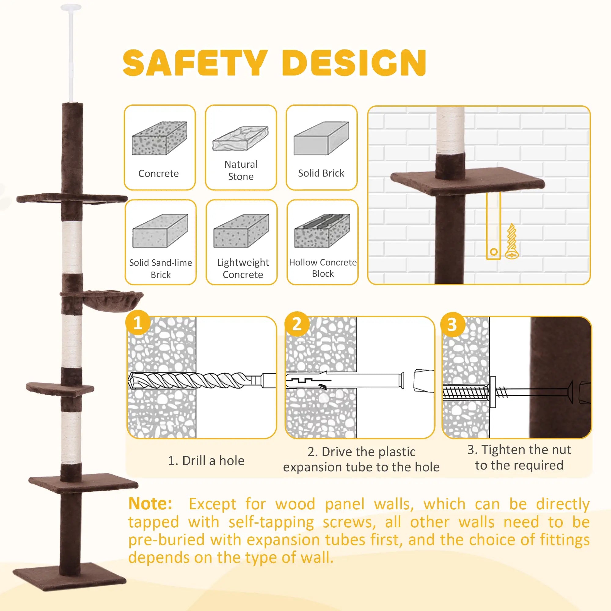 8.5ft Cat Climbing Tree, 5-Tier Kitty Activity Center, Scratching Post, Brown and White Floor to Ceiling Cat Trees at Gallery Canada