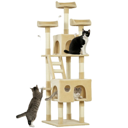 71-Inch Multi Level Cat Scratching Tree, Kitty Condo with Toys, Beige Cat Towers Beige at Gallery Canada