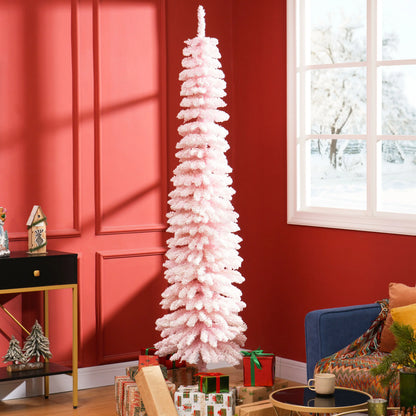 7ft Snow-Flocked Slim Pencil Christmas Tree, 490 Branches, Metal Base, Pink Flocked Christmas Trees at Gallery Canada