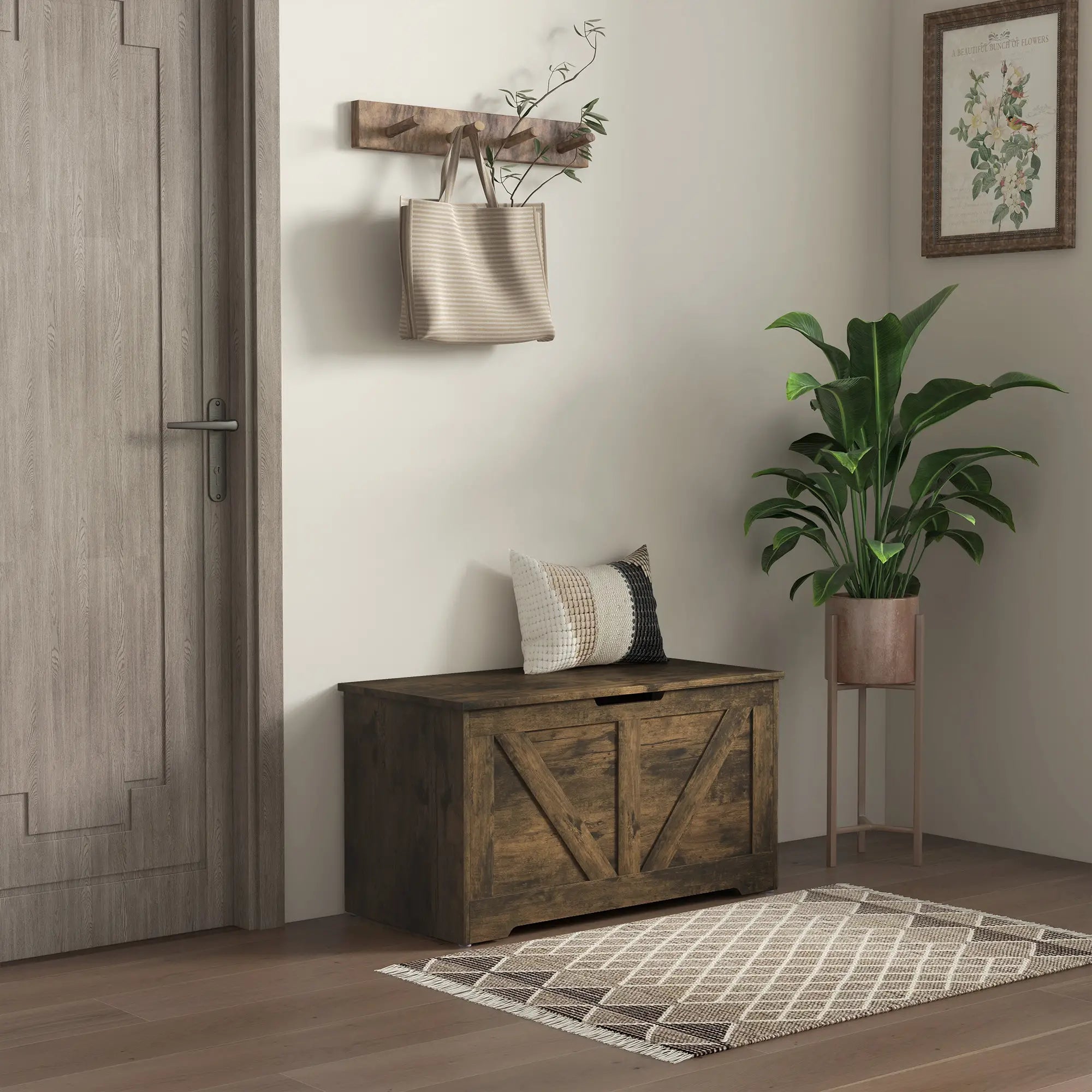 31.5 Inches Wooden Storage Chest, 2 Safety Hinges, Brown Wood Grain Storage Cabinets at Gallery Canada