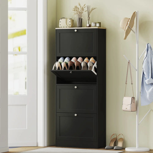 Shoe Storage Cabinet with 4 Flip Drawers, Adjustable Shelves, 18-24 Pairs, Black
