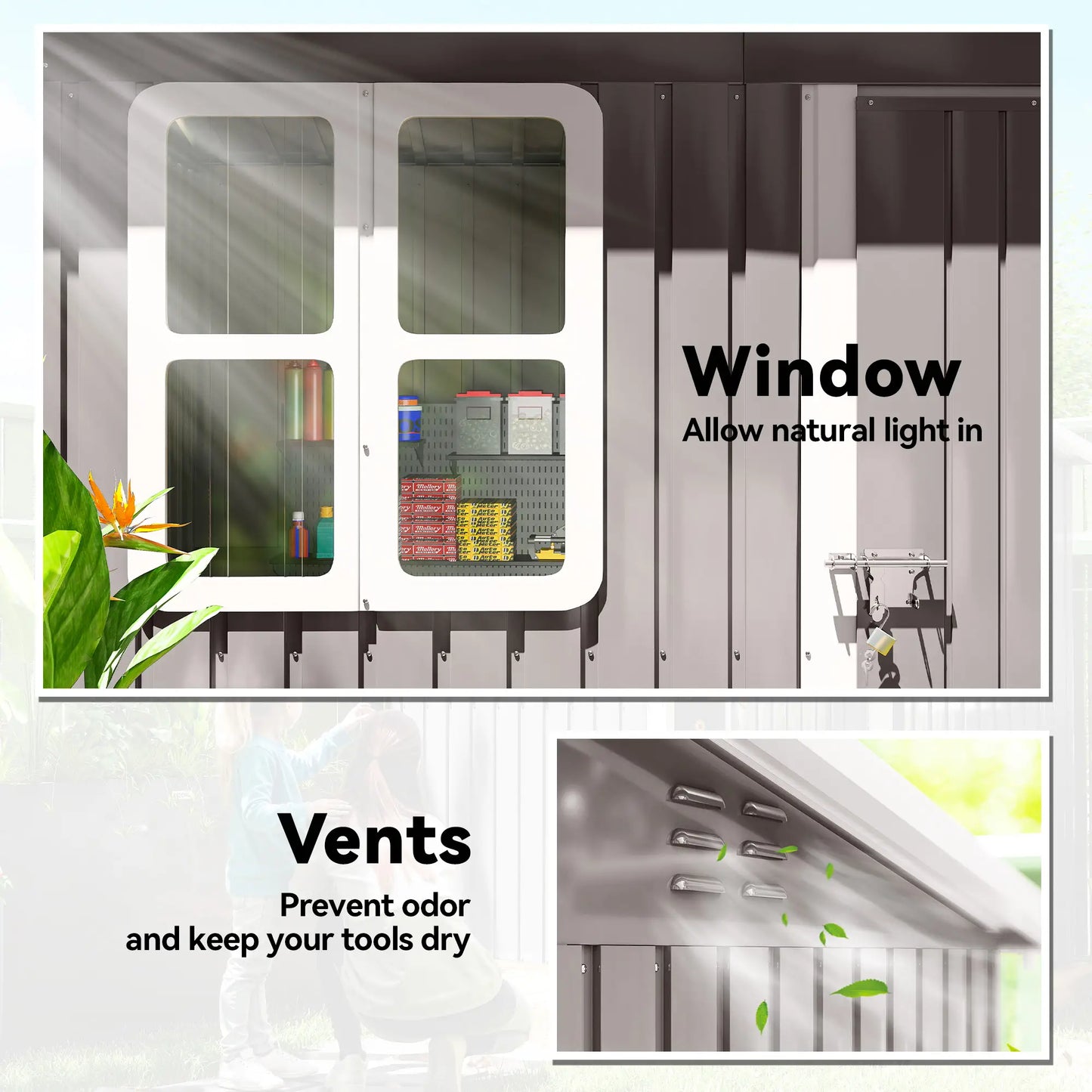 7' x 4' Galvanised Steel Outdoor Storage Shed, Garden Shed With Window, Lockable Door, Air Vents, Warm Grey Sheds at Gallery Canada