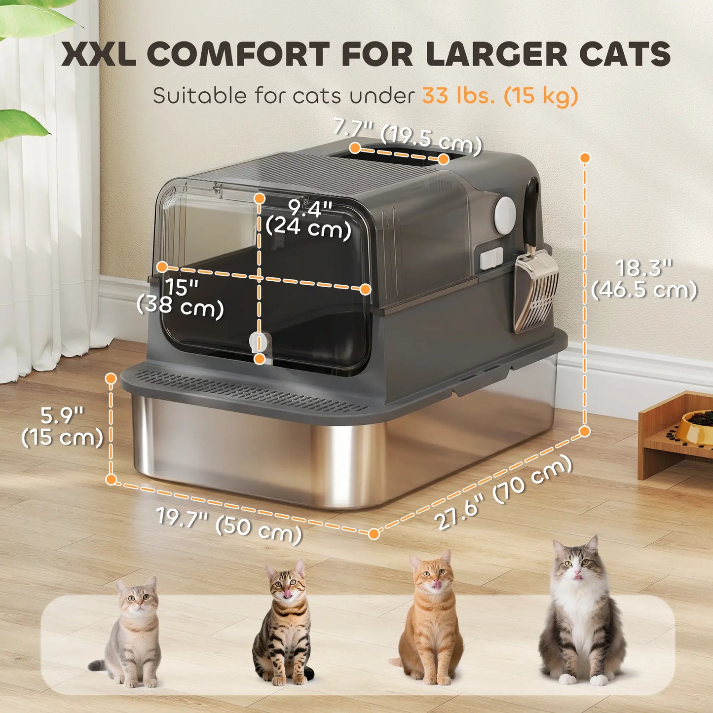 XXL Stainless Steel Cat Litter Tray, Enclosed, High Sides, Black Cat Litter Box Enclosures at Gallery Canada