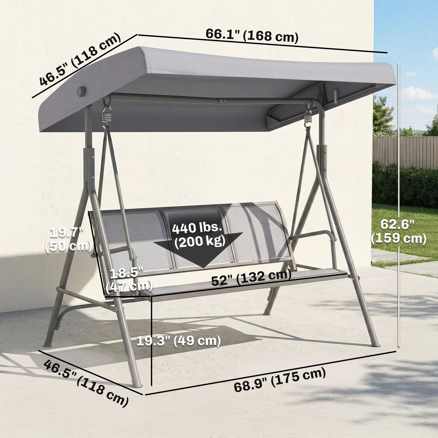 3-Seater Swing Chair, A-Frame Garden Hammock, Adjustable Canopy, Grey Patio Swings with Stand at Gallery Canada