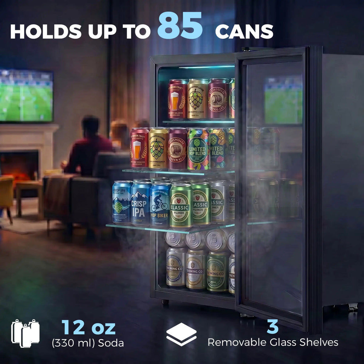 2.1 Cu.Ft Beverage Fridge, 85 Can, Glass Door, Auto-Defrost, LED, Black Small Kitchen Appliances at Gallery Canada