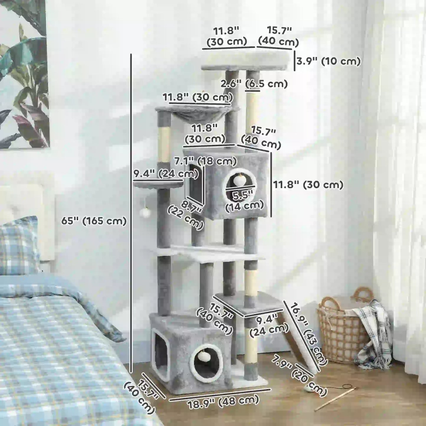 65 Inch Cat Tree, 2 Doors Condos, Plush Perch, Hammock, Grey Cat Towers at Gallery Canada