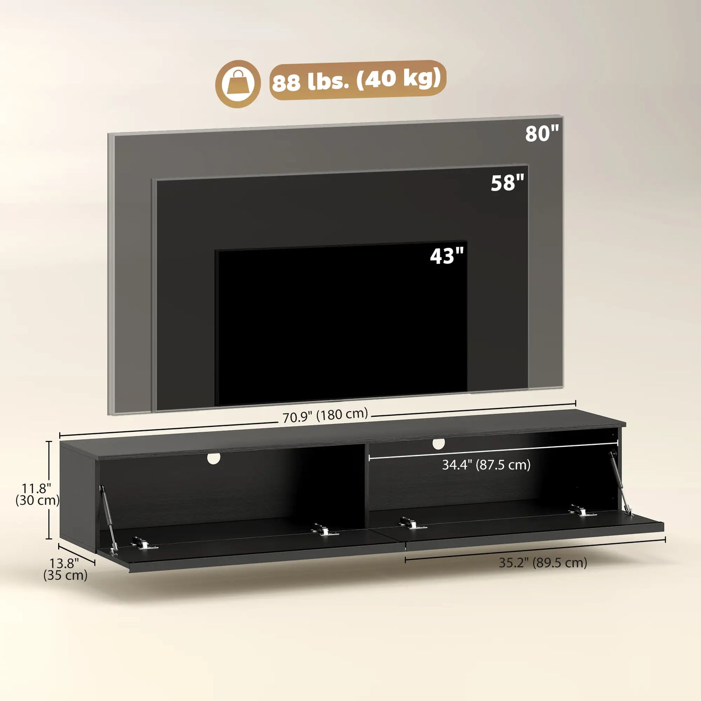 Wall Mounted TV Stand, Floating Cabinet With Storage, For TVs Up To 70", Black TV Stands at Gallery Canada