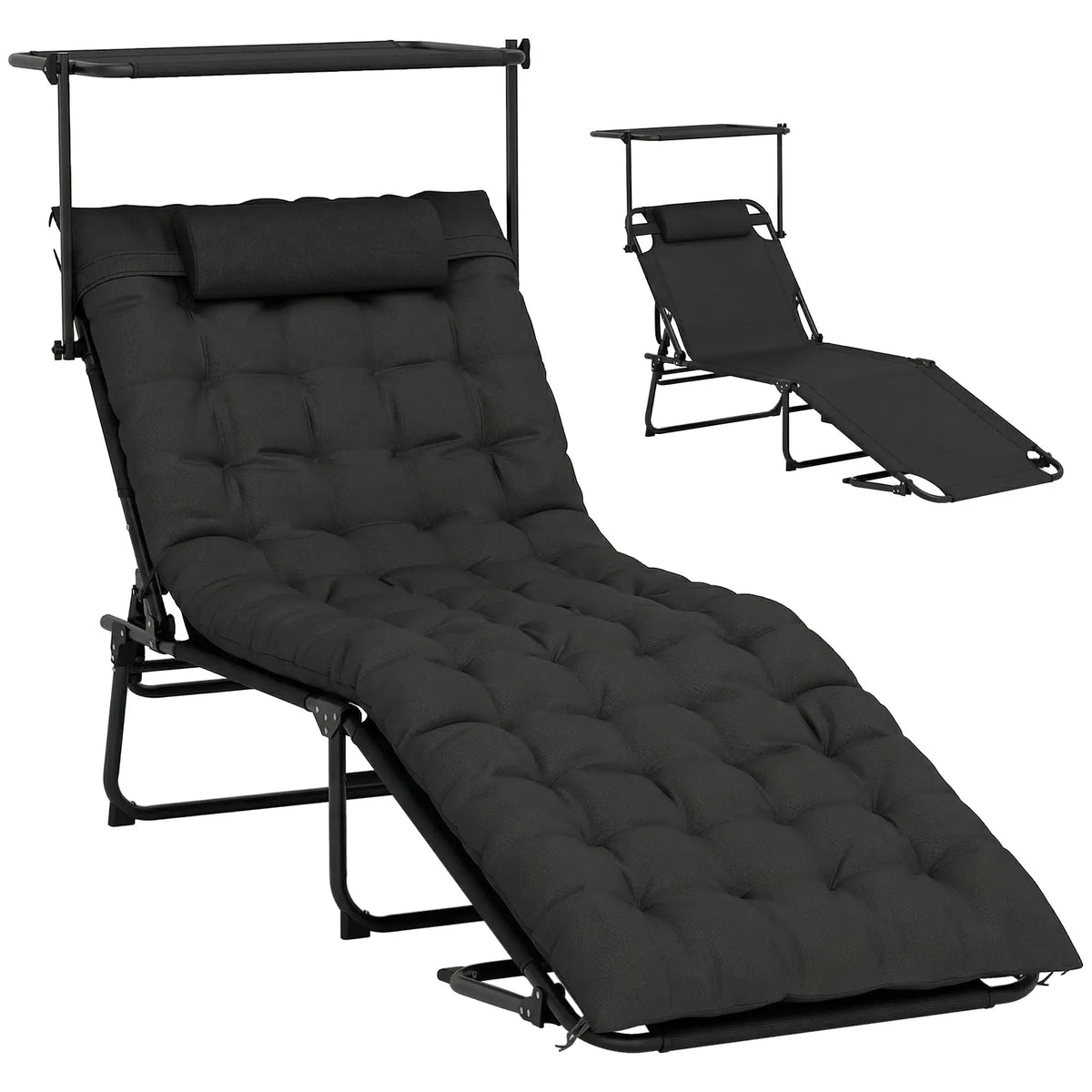 Folding Lounge Chair With Adjustable Canopy, 4-Position Tanning Chair, Black Lounger Chairs Black at Gallery Canada