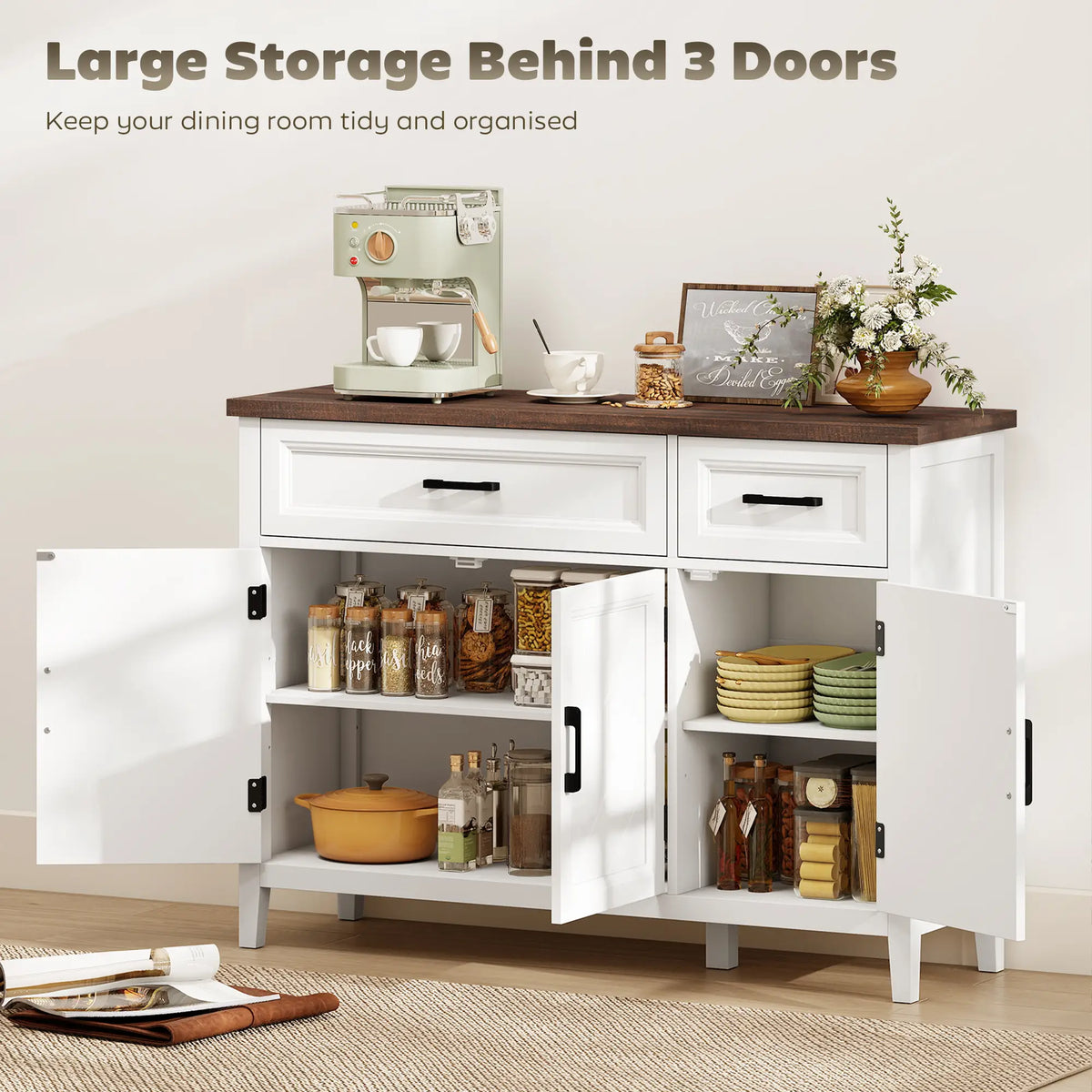 44" Farmhouse Sideboard Buffet Cabinet, 3 Chevron Doors, 2 Drawers, White Storage Cabinets at Gallery Canada