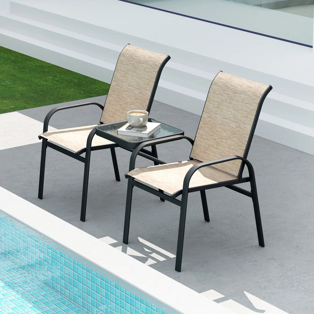 Outdoor Loveseat with Glass Table, Garden Bench, Breathable Mesh, Brown Outdoor Benches at Gallery Canada