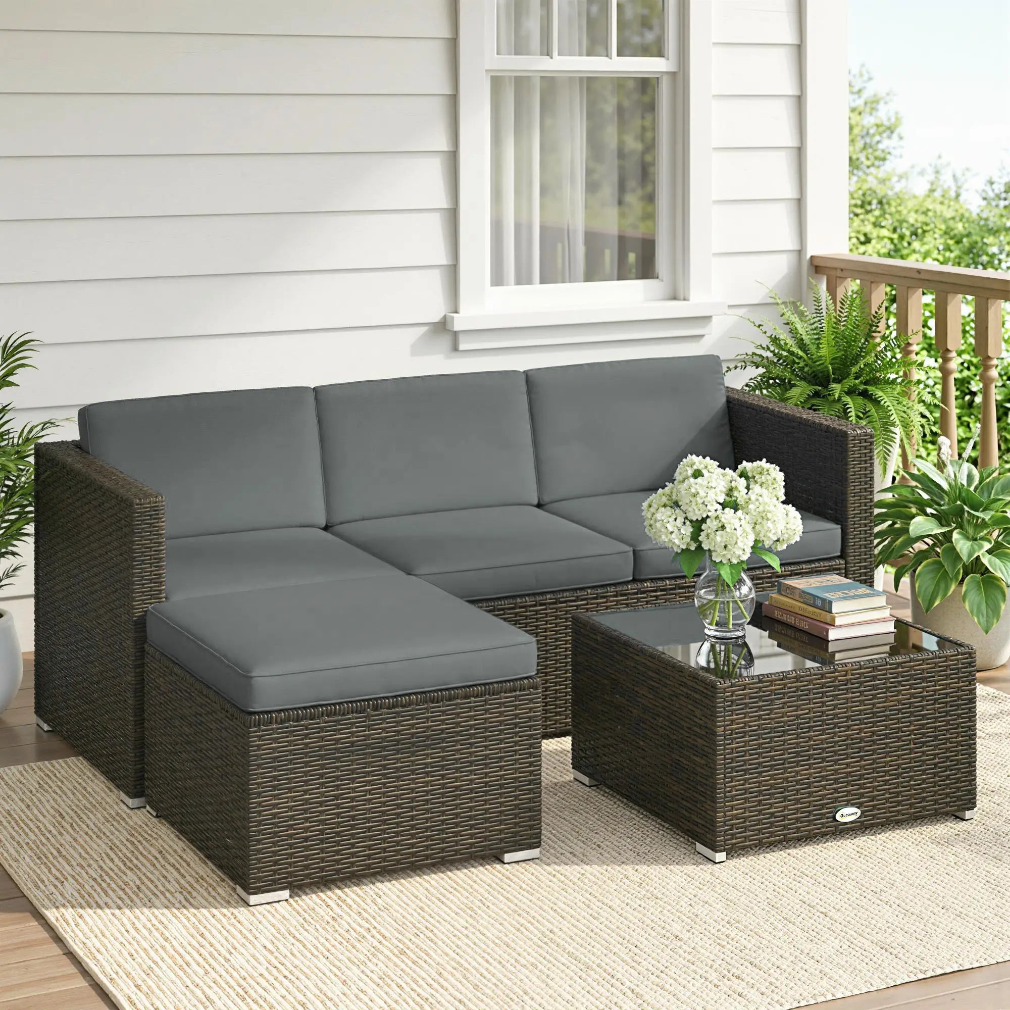 3 Piece Patio Furniture Set With Cushions, Outdoor PE Rattan Wicker, Dark Grey Patio Furniture Sets at Gallery Canada