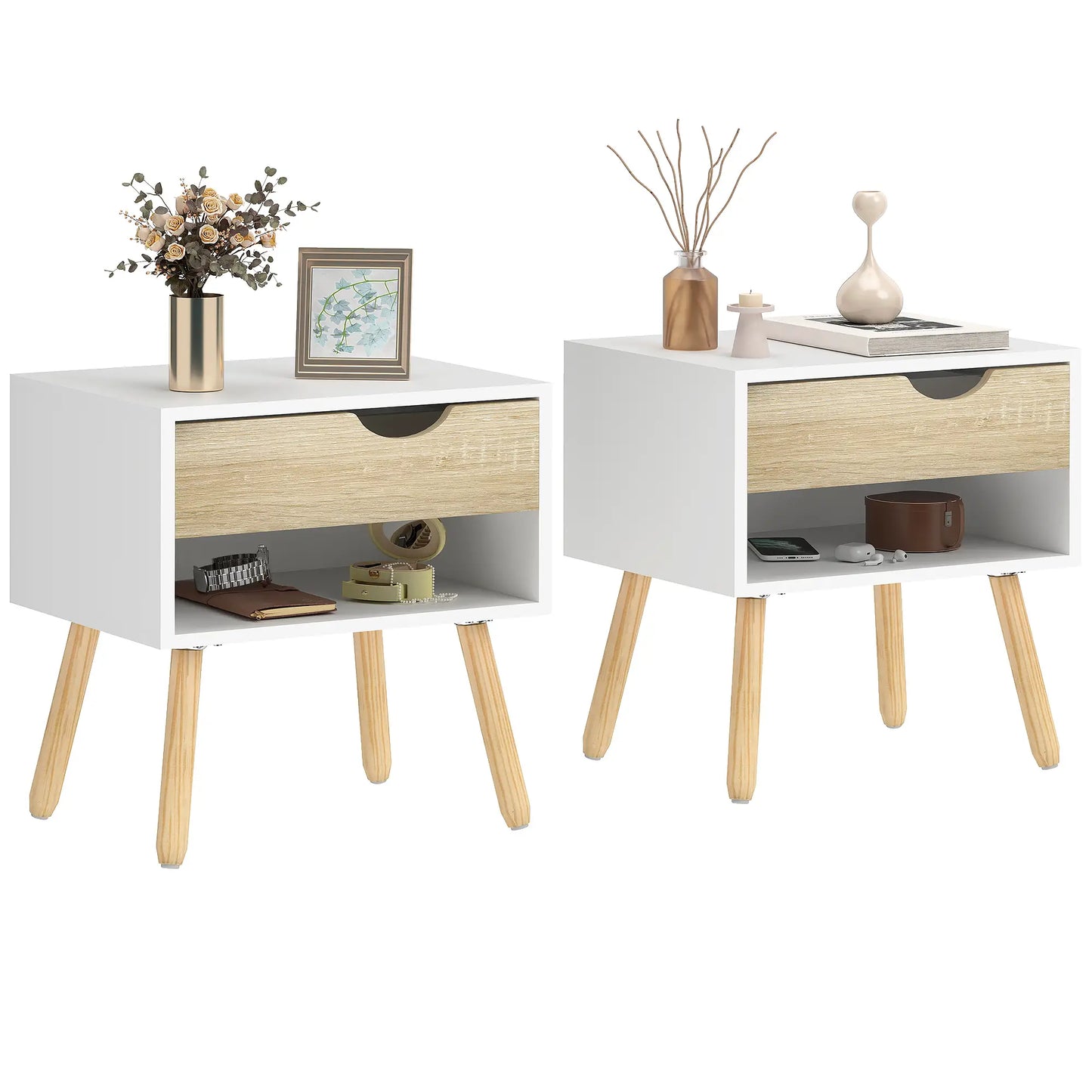 Set of 2 Bedside Tables, Modern Nightstand with Drawer, Shelf, White Bedside Tables at Gallery Canada