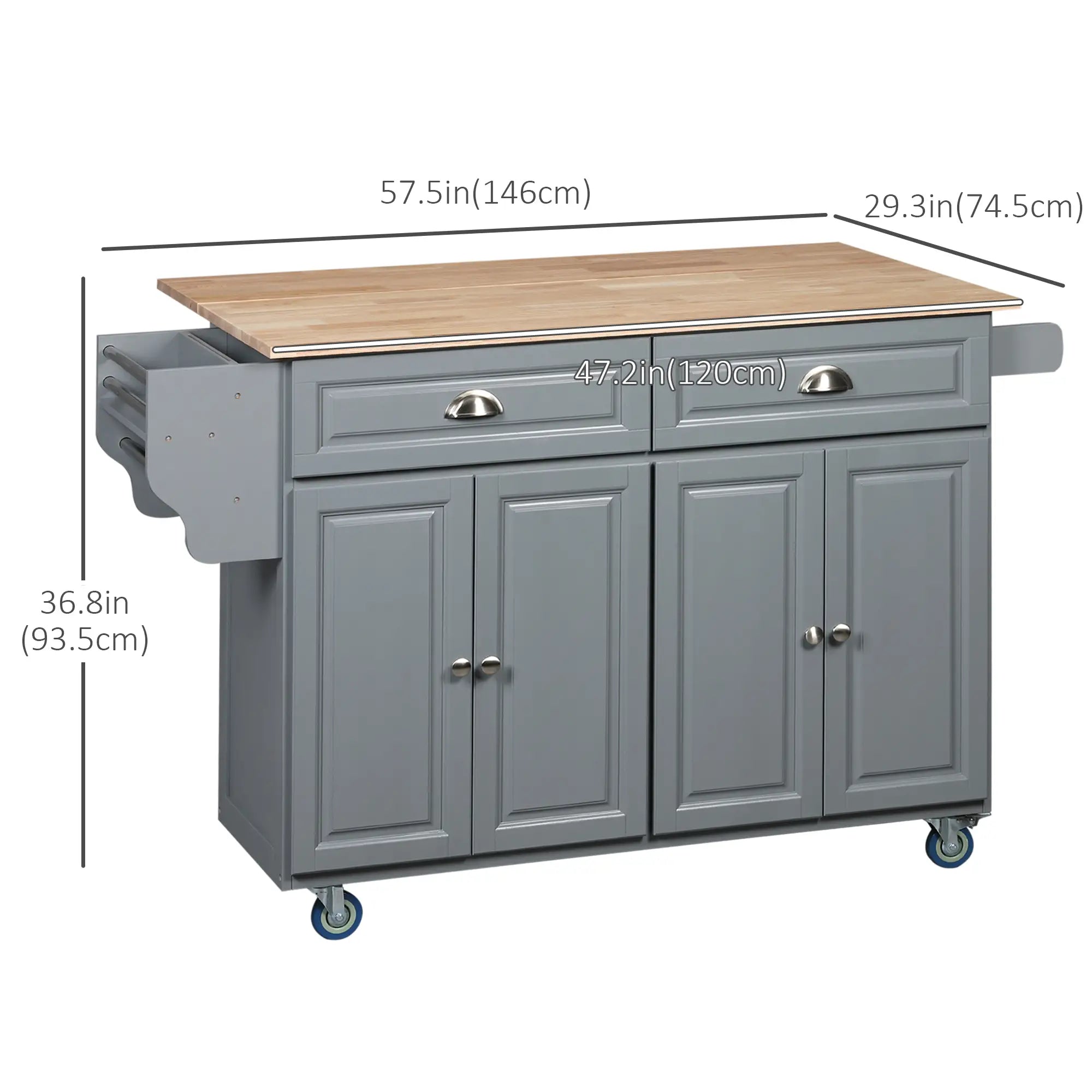 Kitchen Island with Storage, Drop Leaf, Rubber Wood Top, Adjustable Shelves, Grey Kitchen Islands & Kitchen Carts at Gallery Canada