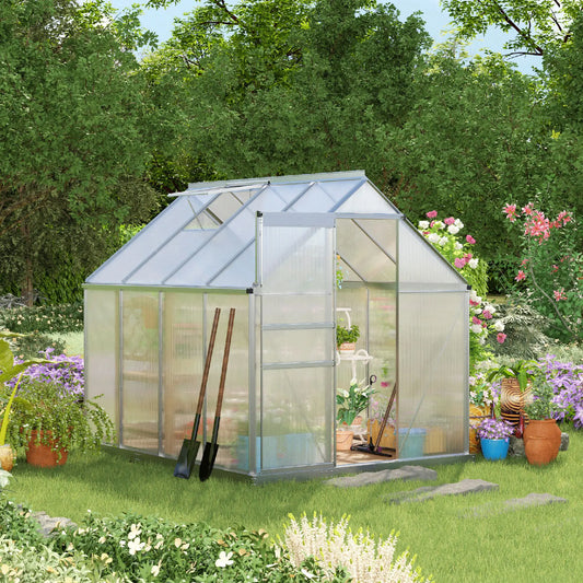 6' x 8' x 6.5' Walk-in Greenhouse, Polycarbonate, Adjustable Roof Vent, Sliding Door, Clear Walk In Greenhouses Clear, Silver at Gallery Canada