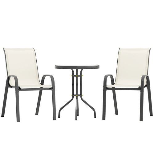 3 Piece Bistro Set, Stackable Mesh Chairs, Glass Table, Beige