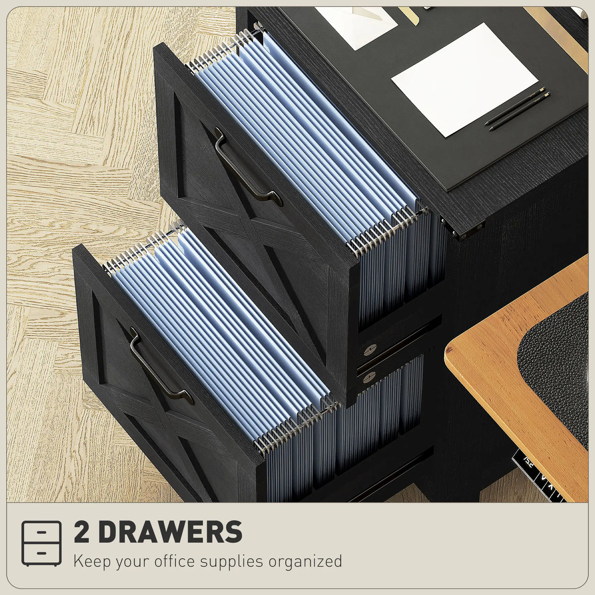 Vertical 2-Drawer Filing Cabinet, Rustic Farmhouse, A4 Letter Size, Distressed Black, Black Office Cabinets & Cupboards at Gallery Canada