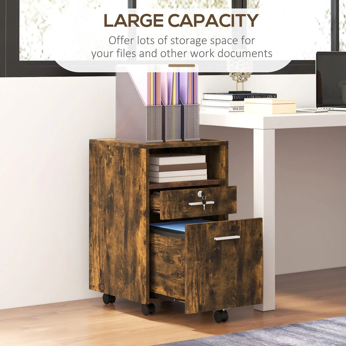 Small 2-Drawer Filing Cabinet, Lockable, on Wheels, Rustic Brown Office Cabinets & Cupboards at Gallery Canada