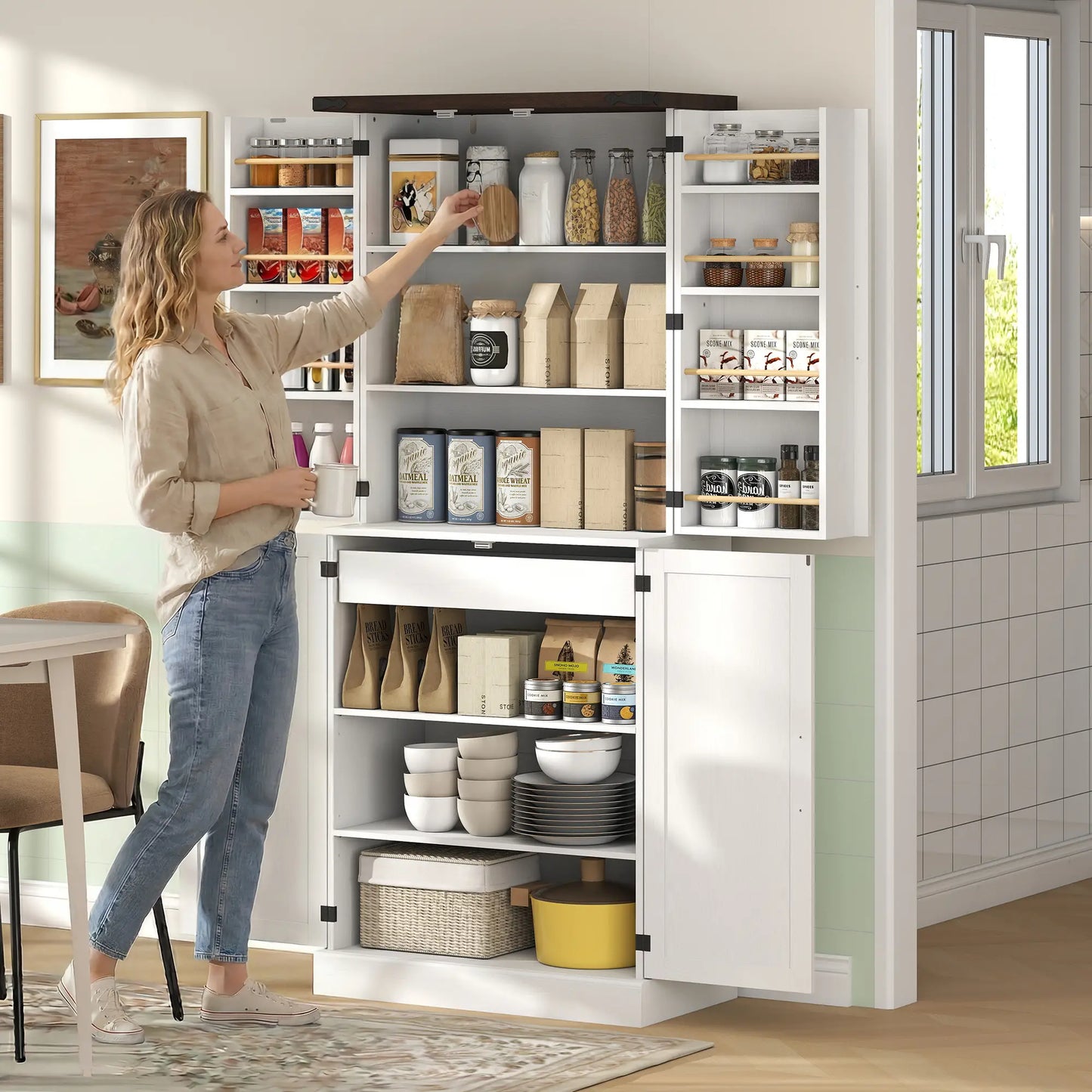 72" Tall Kitchen Pantry Cabinet, Farmhouse Storage Cabinet with 8 Door Racks and Adjustable Shelves, White Kitchen Pantry Cabinets at Gallery Canada