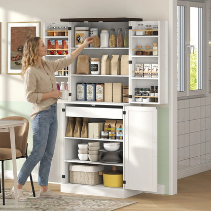 72" Tall Kitchen Pantry Cabinet, Farmhouse Storage Cabinet with 8 Door Racks and Adjustable Shelves, White Kitchen Pantry Cabinets at Gallery Canada