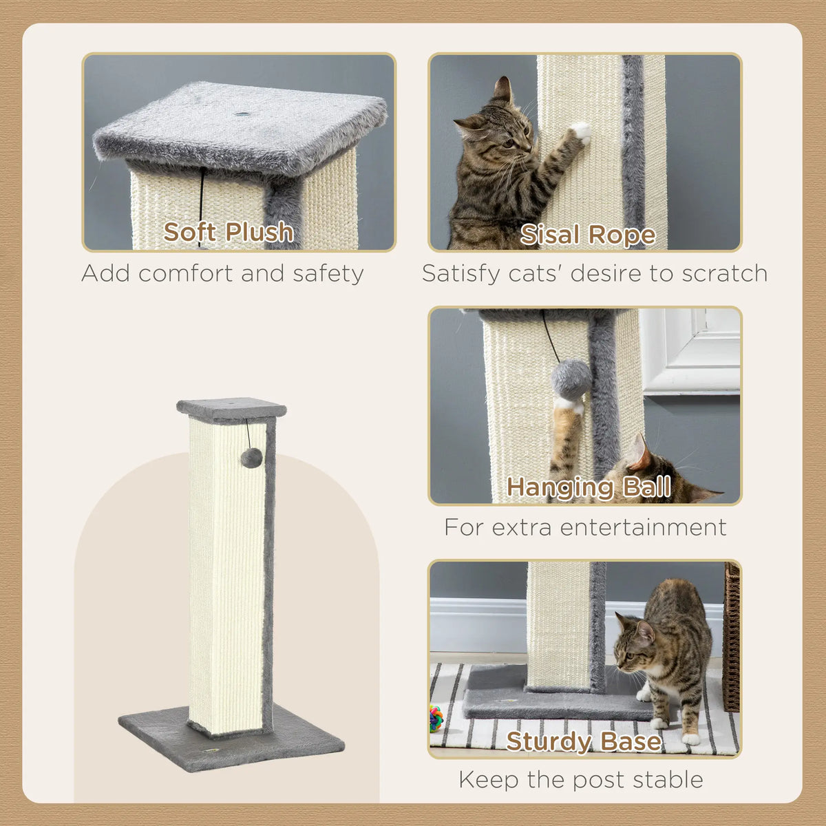 32" Tall Cat Scratching Post, Sisal Scratcher with Hanging Ball, Grey Cat Posts at Gallery Canada