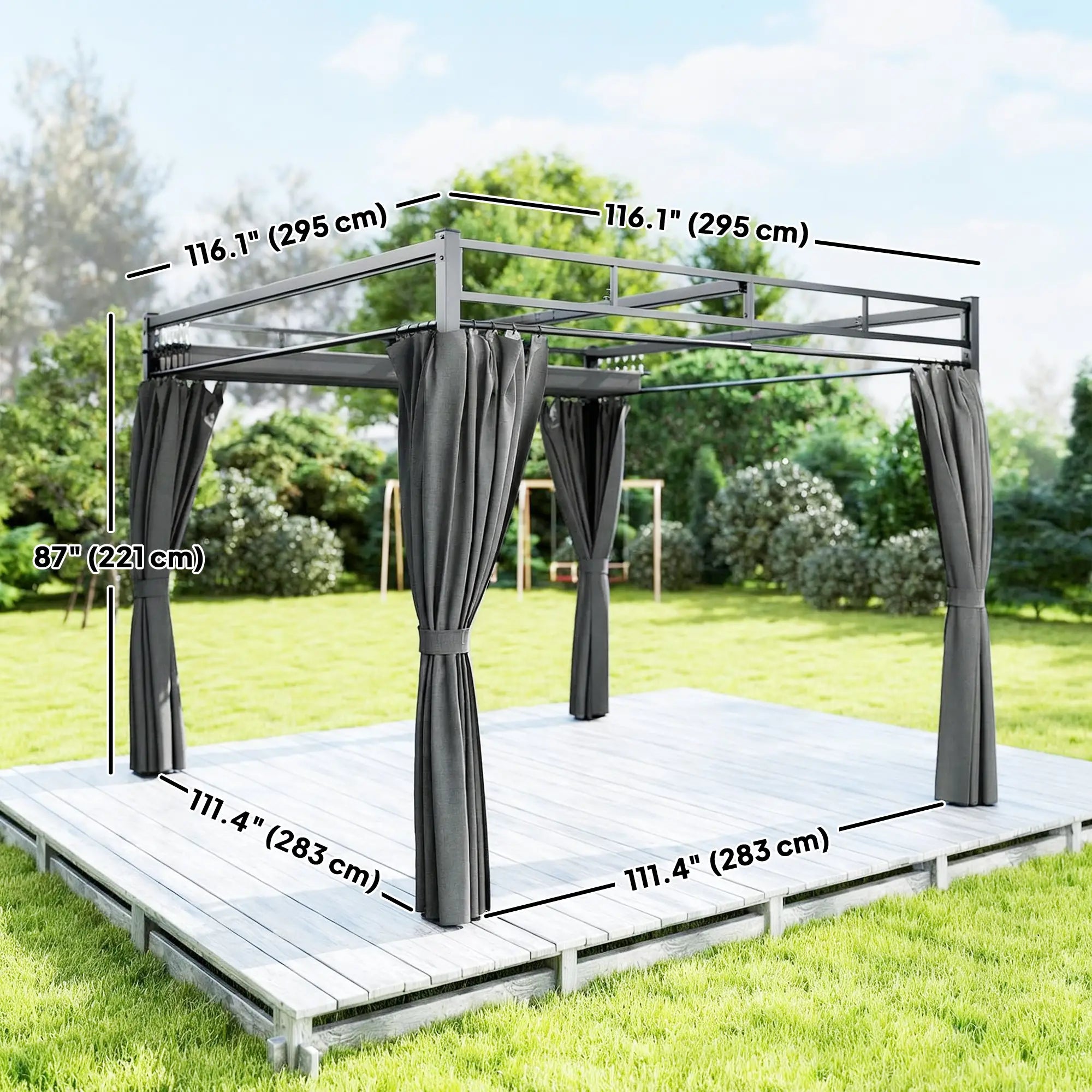 10' x 10' Dark Grey Outdoor Gazebo, Retractable Pergola Canopy With Curtains, Dark Grey Pergolas at Gallery Canada