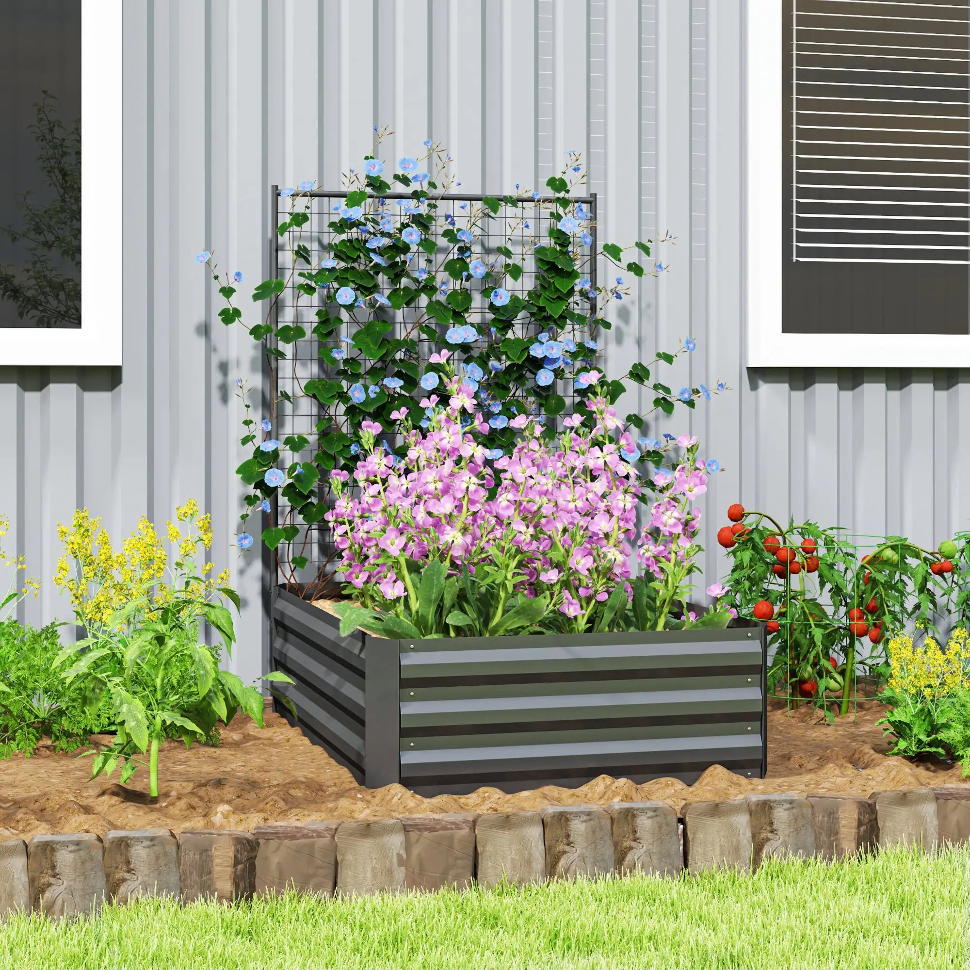 Galvanized Raised Garden Bed, Trellis for Climbing Plants, Dark Grey Raised Garden Beds at Gallery Canada