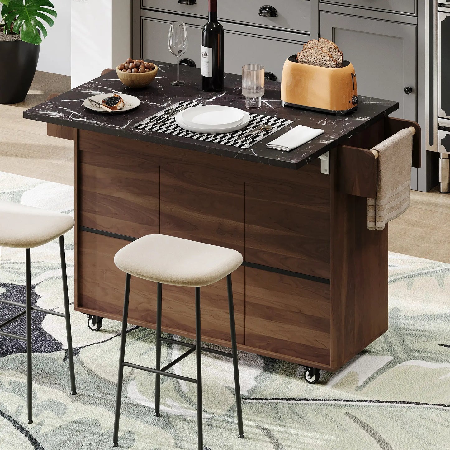Adjustable Shelf Island, Trash Cabinet, Spice Rack, 51" L x 20" W x 35" H, Walnut Brown Kitchen Islands & Kitchen Carts at Gallery Canada