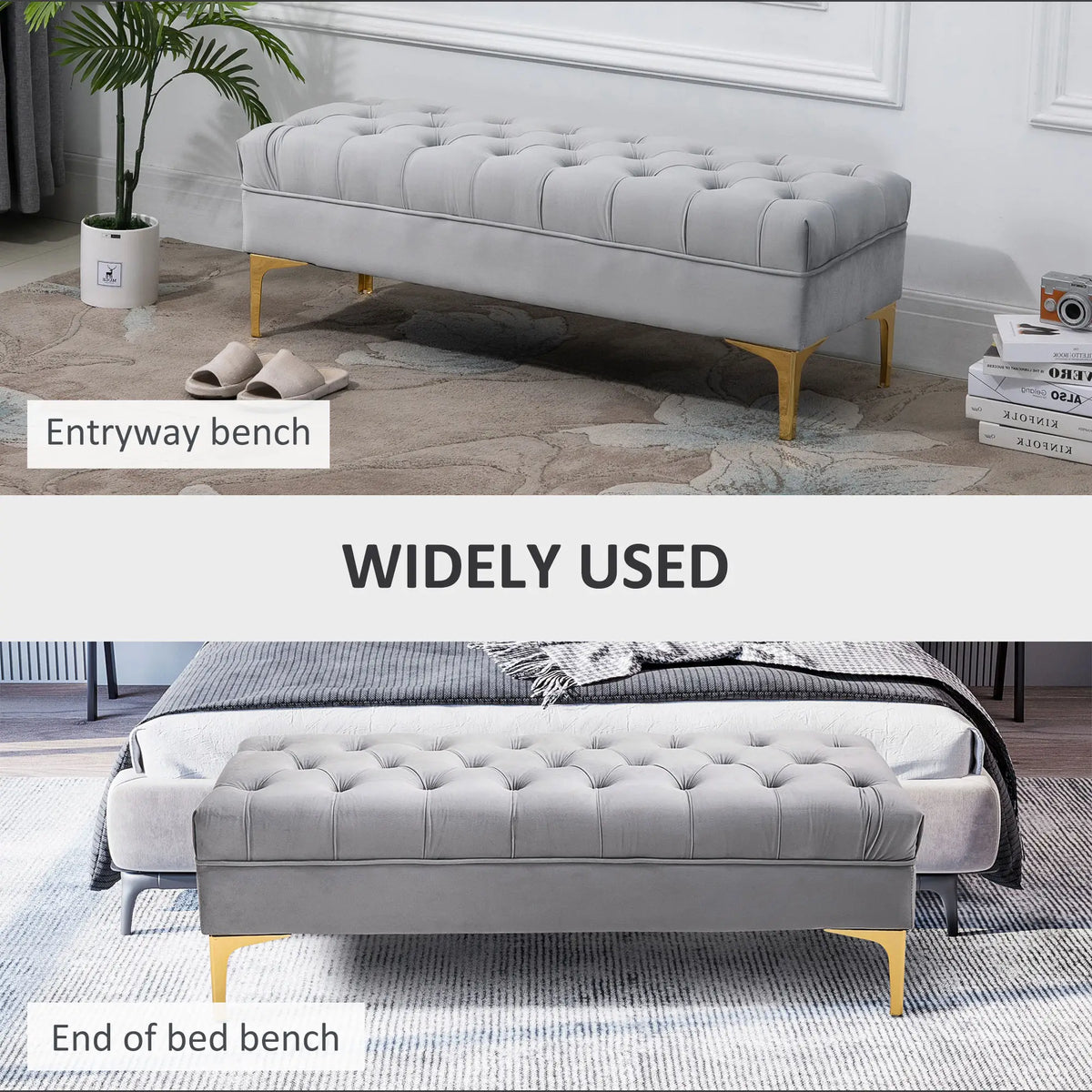 Upholstered End of Bed Bench with Button Tufted, Grey Storage Ottomans & Benches at Gallery Canada