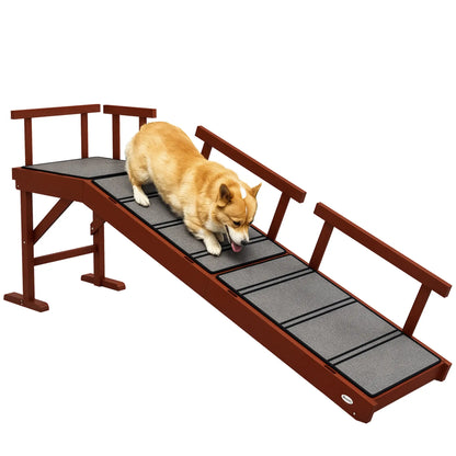 Wooden Dog Ramp, 60" Long, Non-Slip Rug, Removable Guardrails, Brown Dog Stairs at Gallery Canada