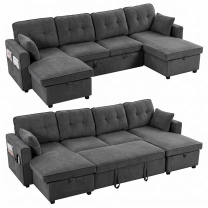 U Shaped Sectional Sofa Bed, 113" Pull Out Sleeper, Dark Grey 3-Seater Sofas Dark Grey at Gallery Canada