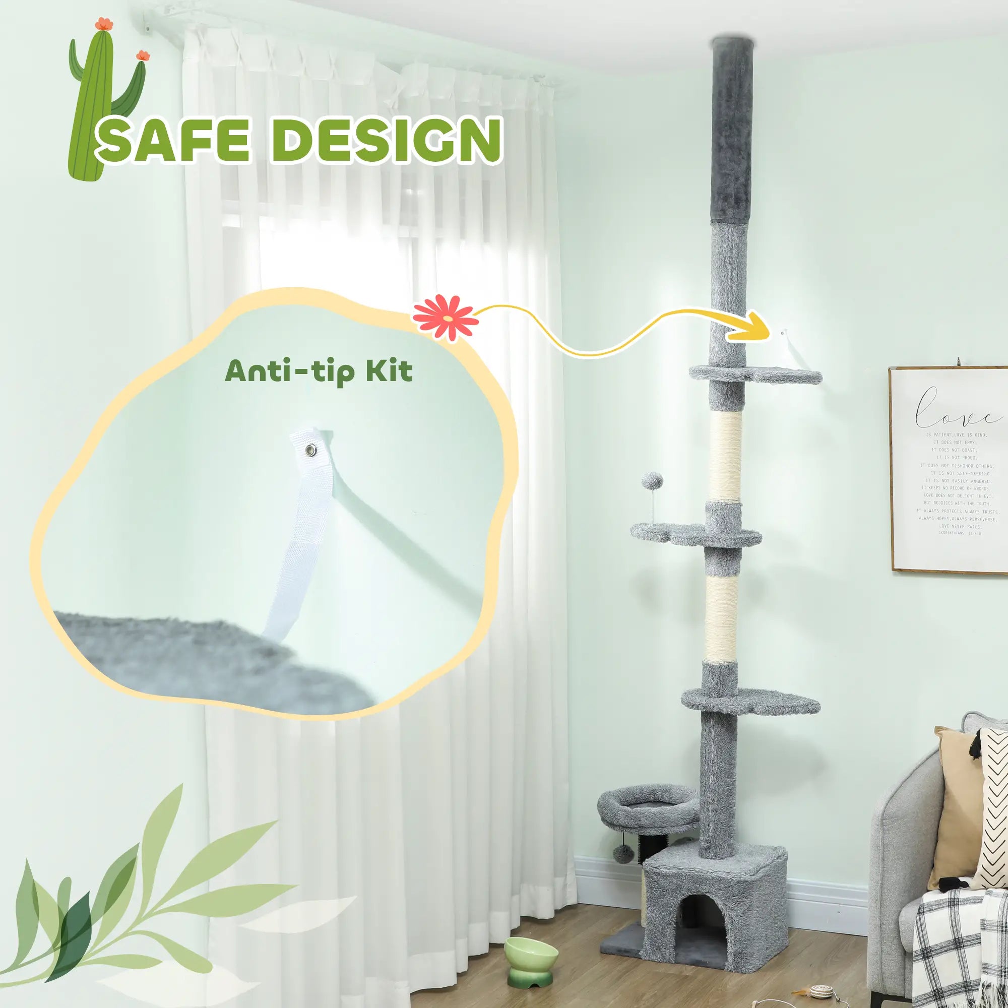 Floor to Ceiling Cat Tree, 4 Tiers, Adjustable Height 87-100