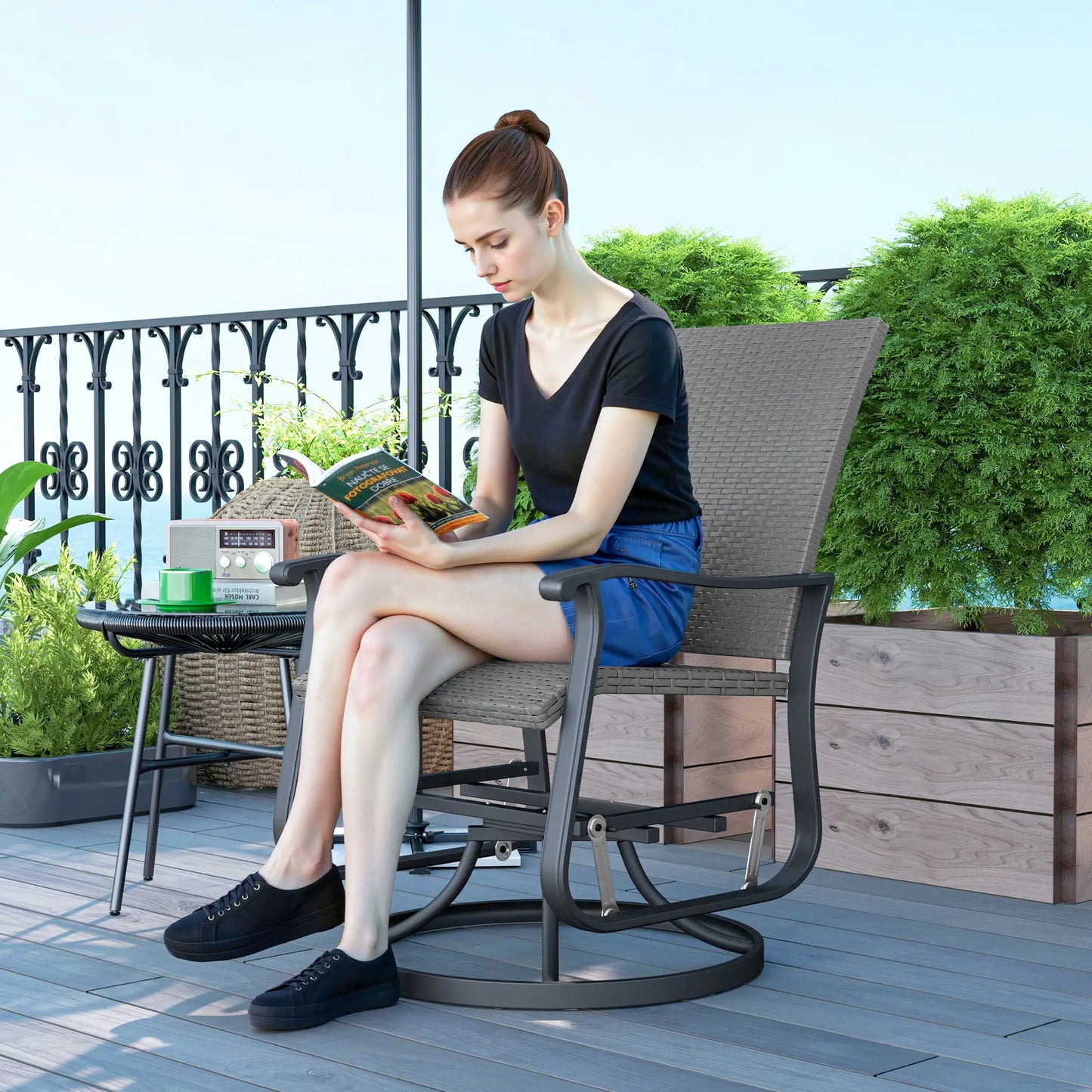 Rattan Patio Glider, Wicker Outdoor Chair, Steel Frame, Grey Outdoor Gliders at Gallery Canada