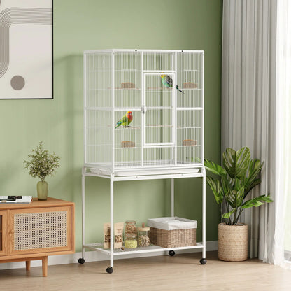 64" Large Rolling Bird Cage With Stand, Shelf, Perch, Food Container, White Bird Cages at Gallery Canada