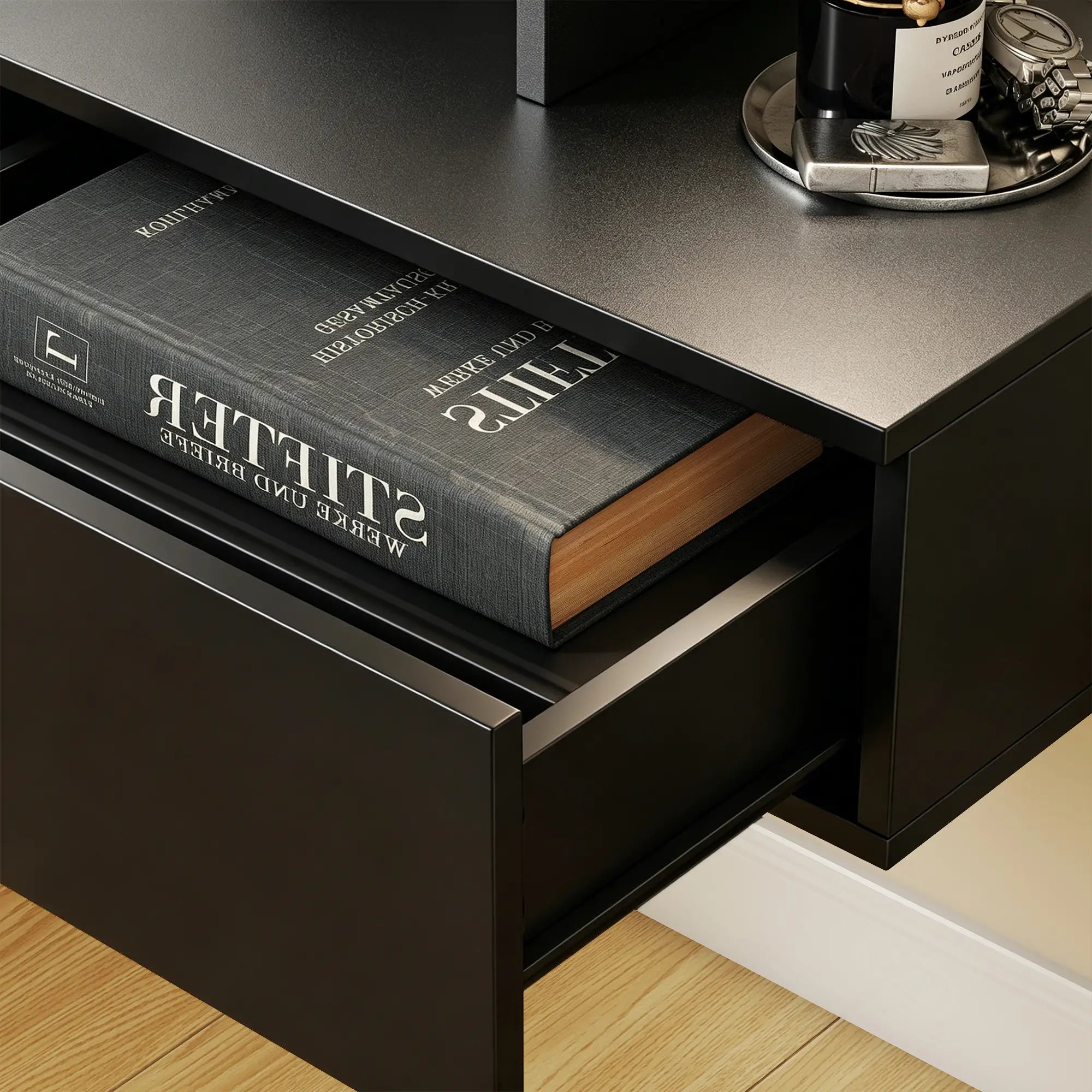 Floating Nightstand Set of 2, Wall Mounted Bedside Table with with Power Outlets, Drawer and Shelf, Black Bedside Tables at Gallery Canada