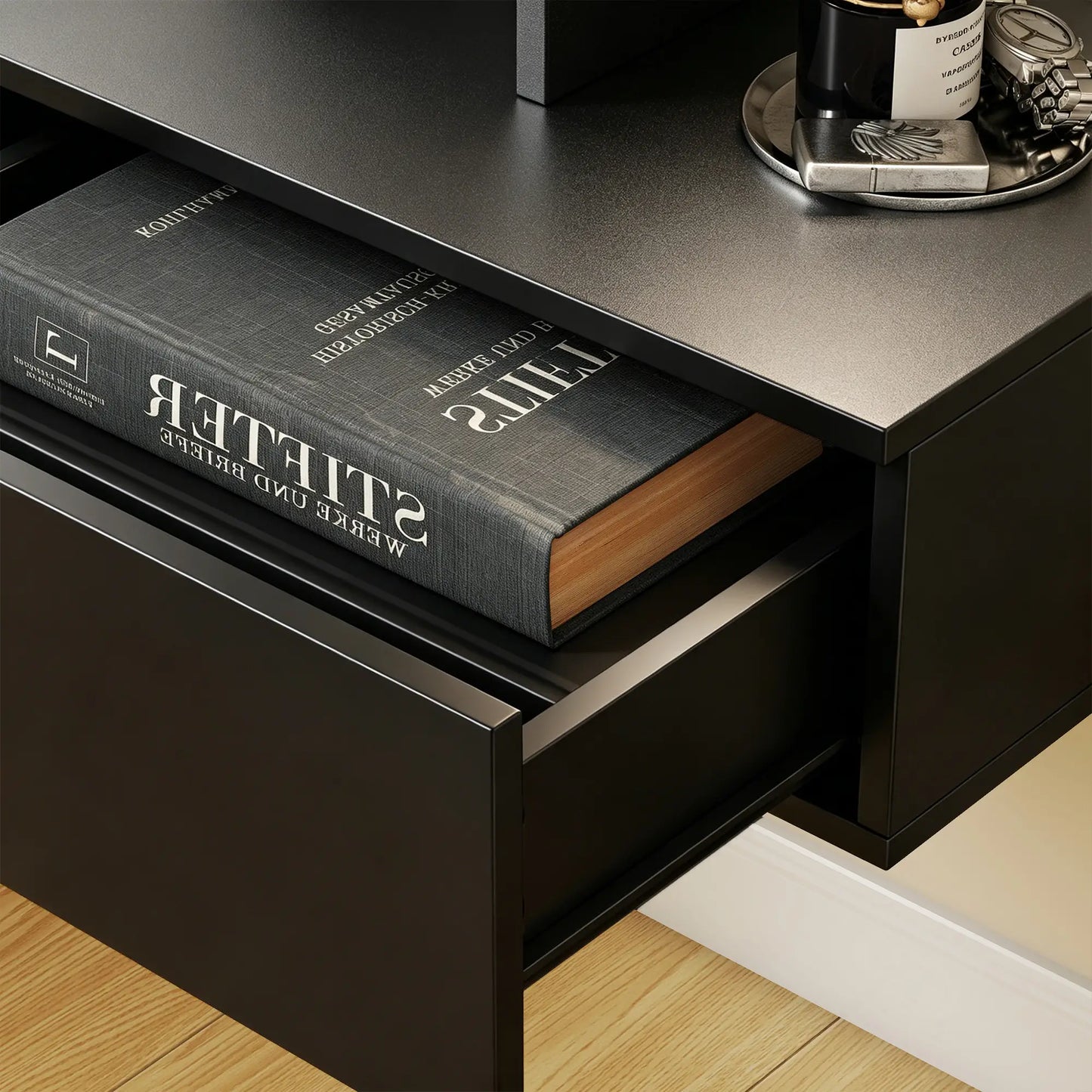 Floating Nightstand Set of 2, Wall Mounted Bedside Table with with Power Outlets, Drawer and Shelf, Black Bedside Tables at Gallery Canada