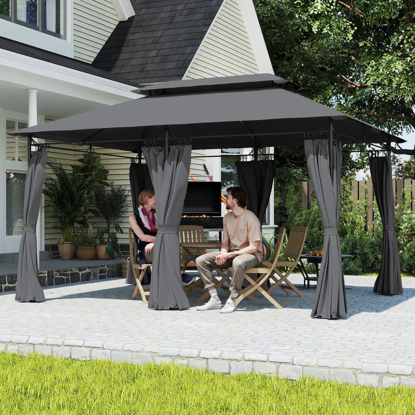 10' x 13' Double Roof Patio Gazebo, Outdoor Gazebo with Curtains, Grey Gazebos at Gallery Canada