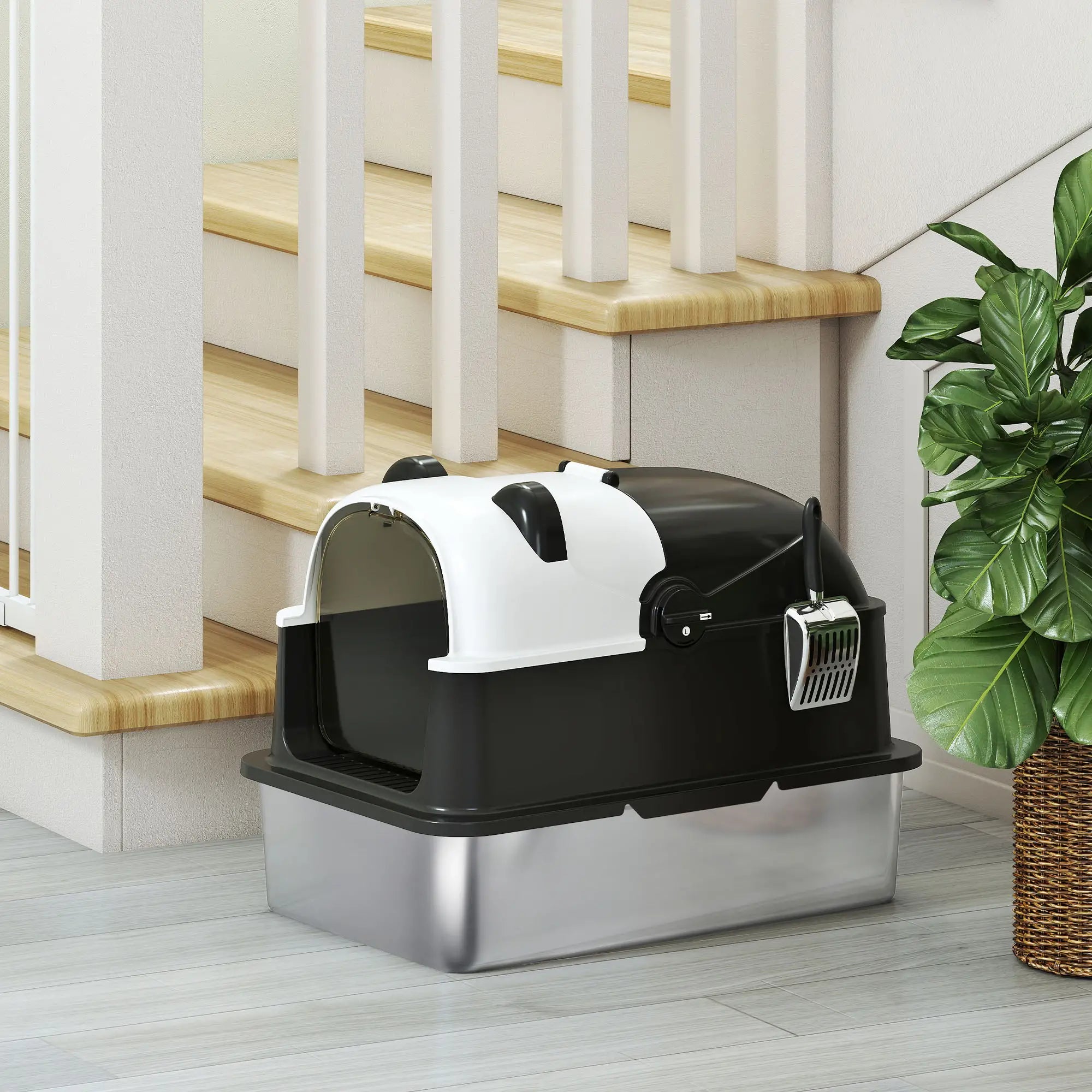 XL Stainless Steel Cat Litter Box with Lid, Scoop, 23.7