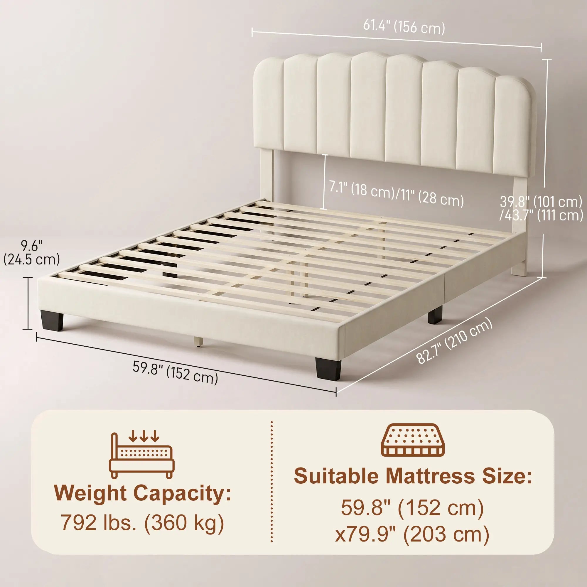 Queen Size Bed Frame, Adjustable Headboard, Linen-Feel Upholstered, Beige Bed Frames at Gallery Canada
