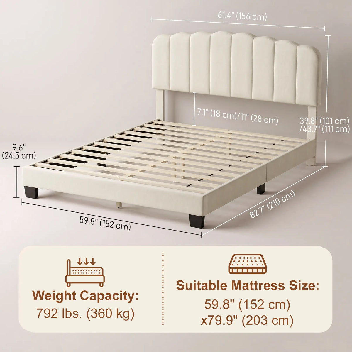Queen Size Bed Frame, Adjustable Headboard, Linen-Feel Upholstered, Beige Bed Frames at Gallery Canada
