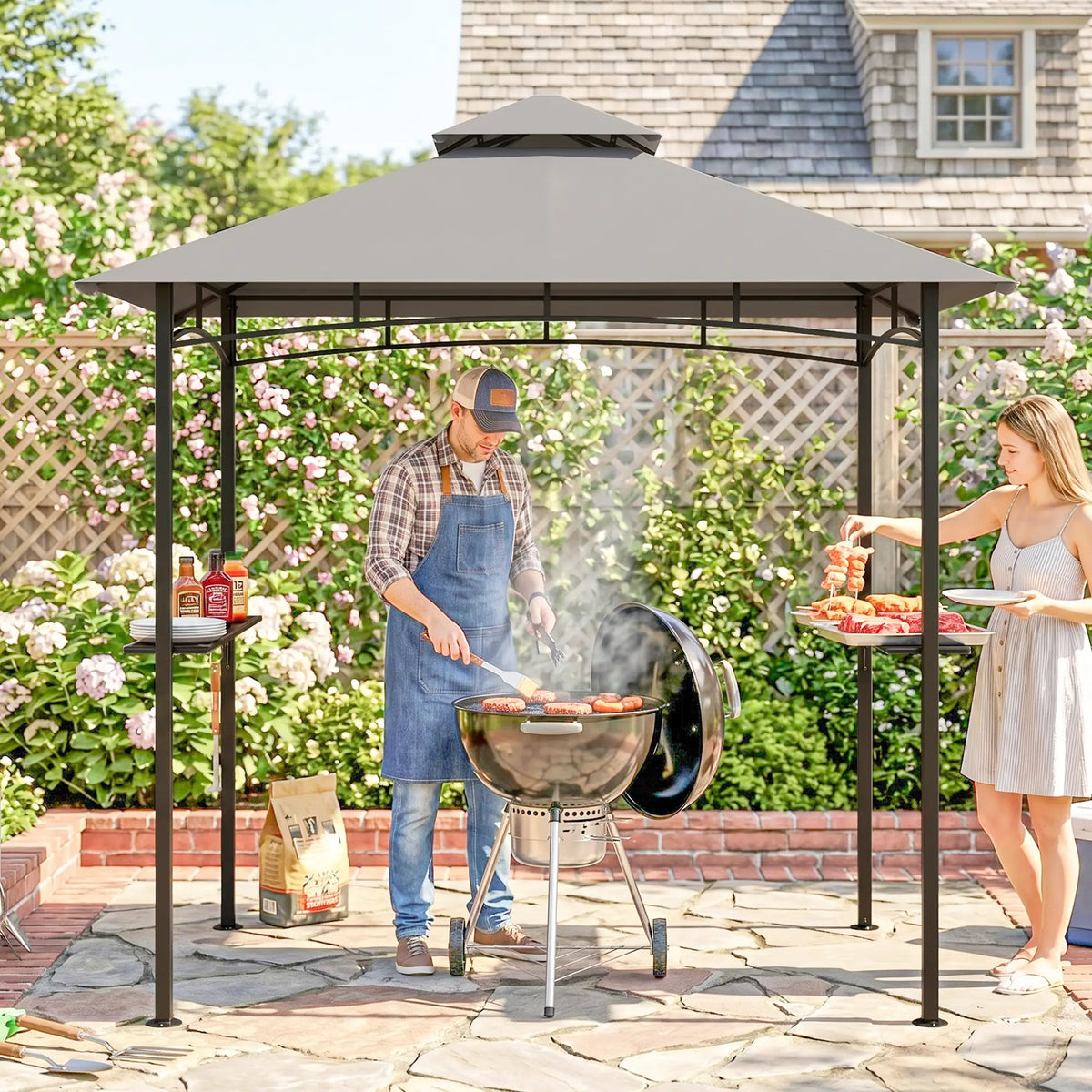 8' x 5' BBQ Grill Gazebo Tent, Double Tiered Canopy, Outdoor Sun Shade, Grey