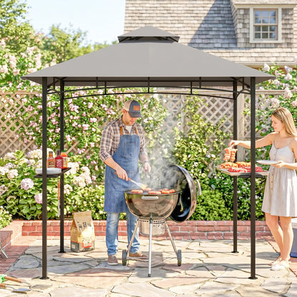8' x 5' BBQ Grill Gazebo Tent, Double Tiered Canopy, Outdoor Sun Shade, Grey