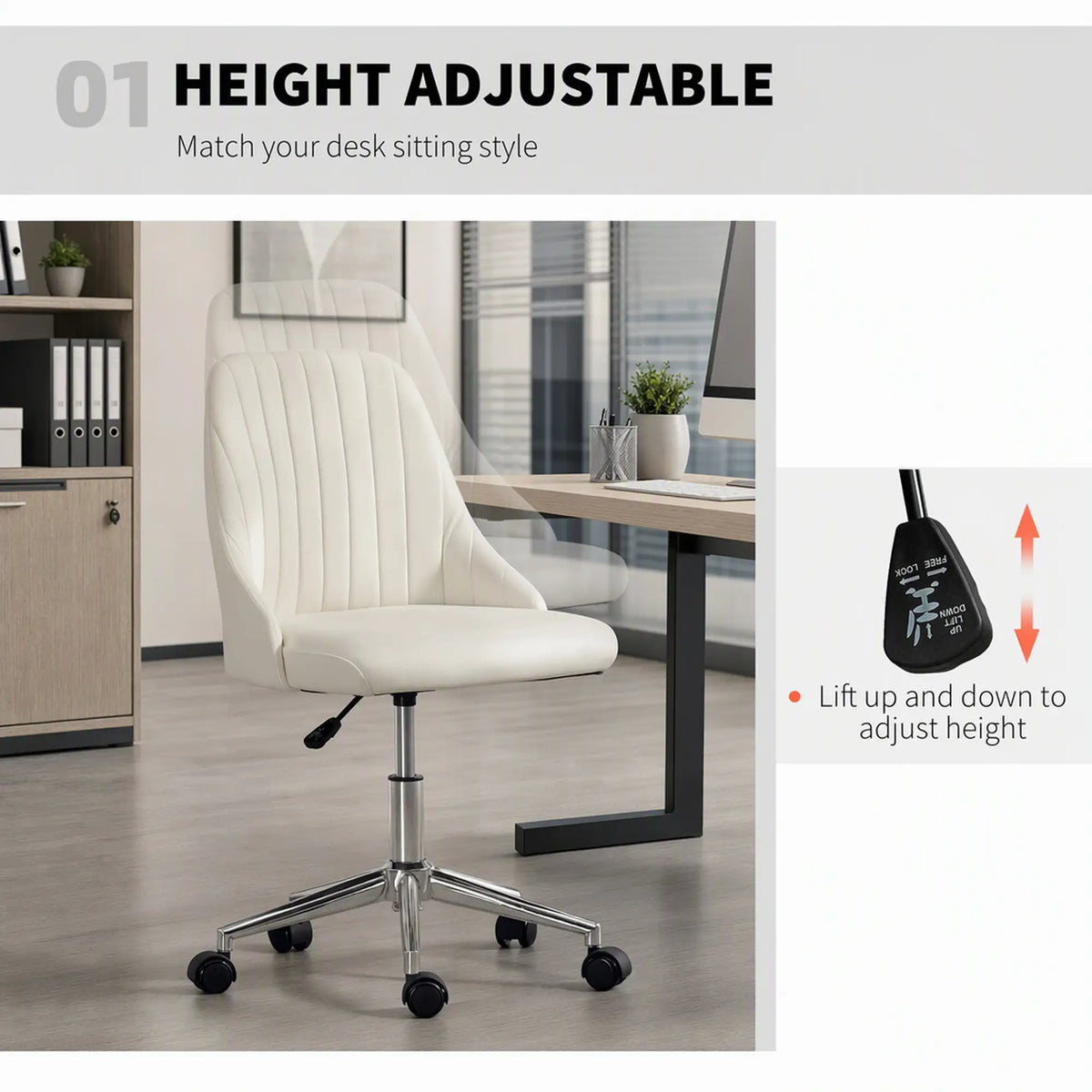 Velvet Adjustable Height Swivel Chair, Cream Task Chairs at Gallery Canada